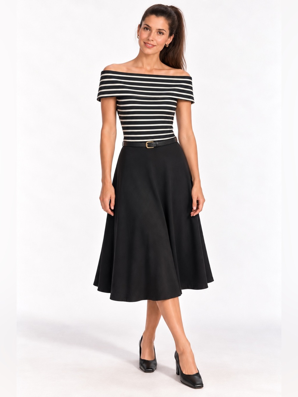 Vintage Rampage Off Shoulder Striped Nautical Fit & Flare Midi Dress Size 11